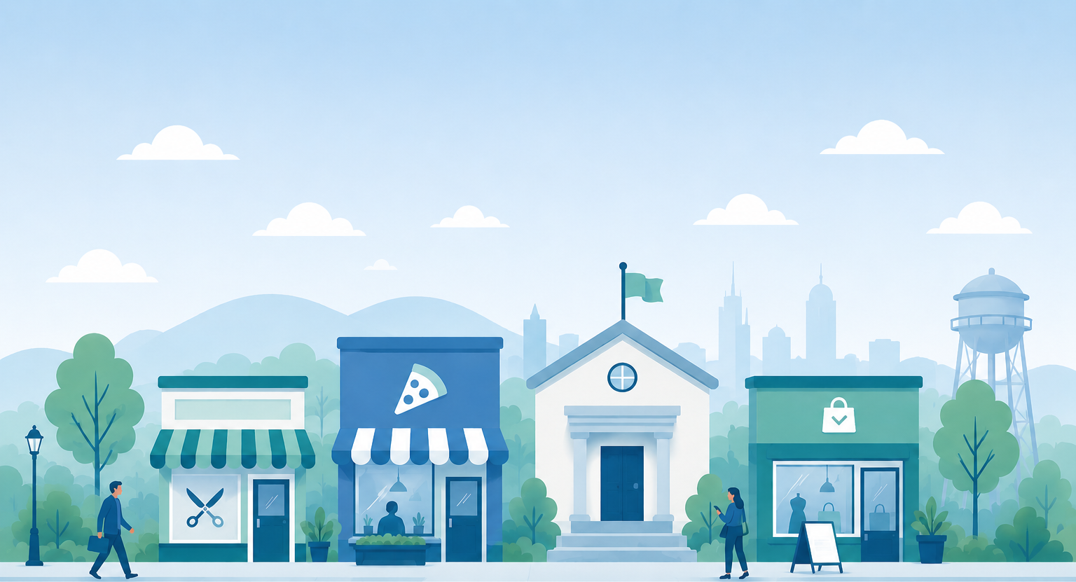 Friendly illustrated local business townscape with storefronts, people, trees, and a town building.